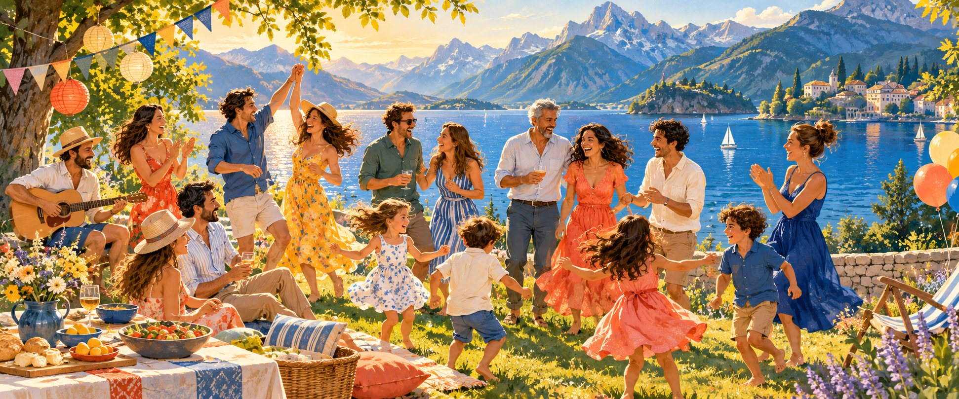 Illustration d'une grande cousinade en fête autour d'un pique-nique au bord d'un lac